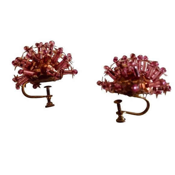 Vintage Screw Back Earrings Sequin and Bead Pink and Gold Cork 1" - Picture 4 of 10